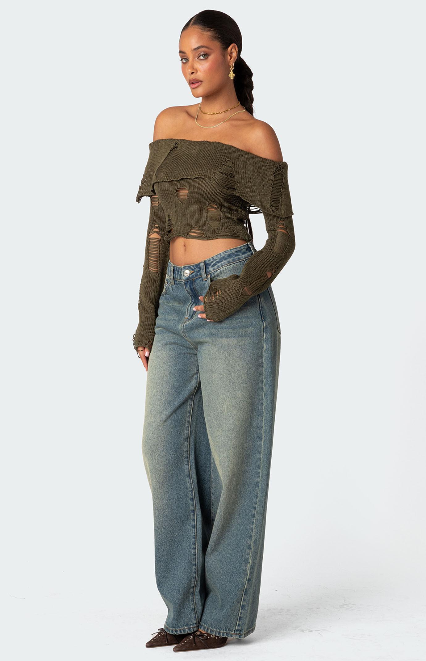 Edikted Women's Distressed Fold Over Sweater Product Image