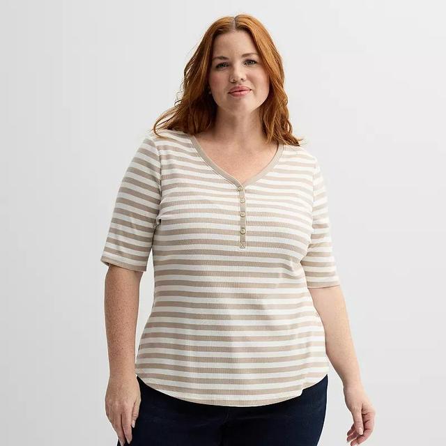 Plus Size Sonoma Goods For Life Slim Fit Elbow Sleeve Henley, Womens Blue Ivory Stripe Product Image