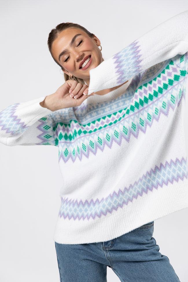 Bundled Up Ivory and Green Multi Oversized Fuzzy Fair Isle Sweater FINAL SALE Product Image