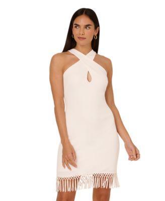 Adrianna by Adrianna Papell Womens Halter-Neck Fringe-Trim Sheath Dress Product Image