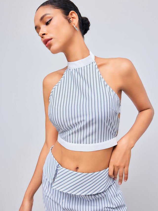 Woven Halter Striped Contrasting Binding Crop Top Product Image