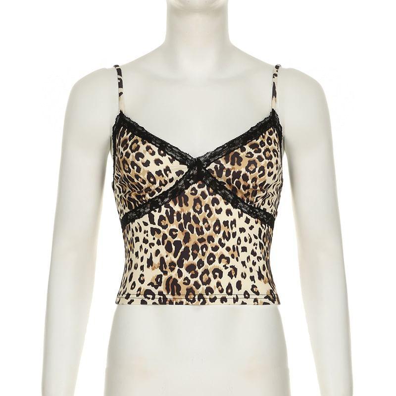 Leopard Print Lace Trim Cropped Cami Top Product Image