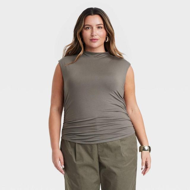 Womens Slim Fit Short Sleeve Mock Turtleneck T-Shirt - A New Day Olive XXL Product Image