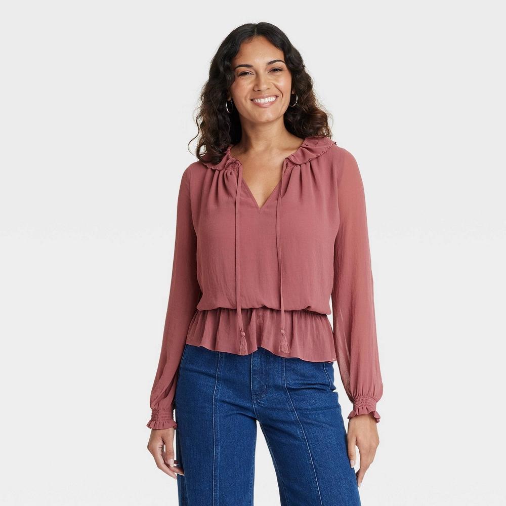 Women's Long Sleeve Blouse - Universal Thread™ Dark Mauve M Product Image