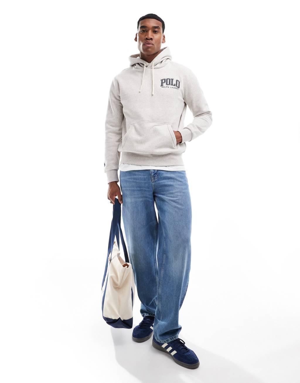 Polo Ralph Lauren collegiate logo fleece hoodie classic oversized fit in light gray heather Product Image