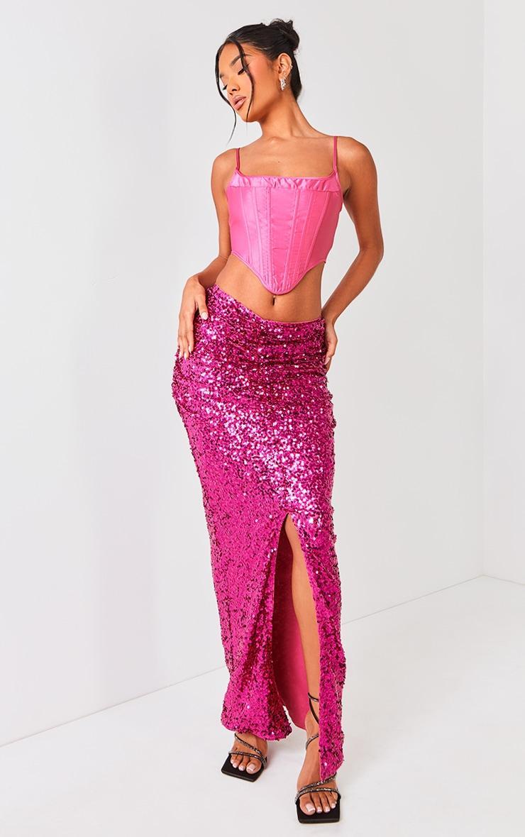 Hot Pink Sequin Ruched Waist Maxi Skirt Product Image