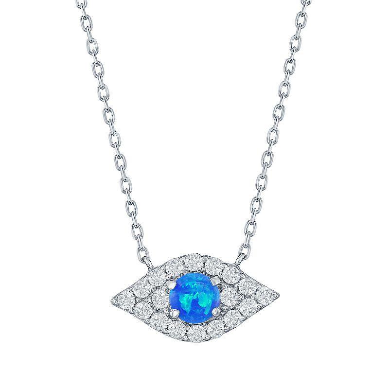 Sterling Silver Lab-Created Blue Opal & Cubic Zirconia Evil Eye Necklace, Womens Product Image