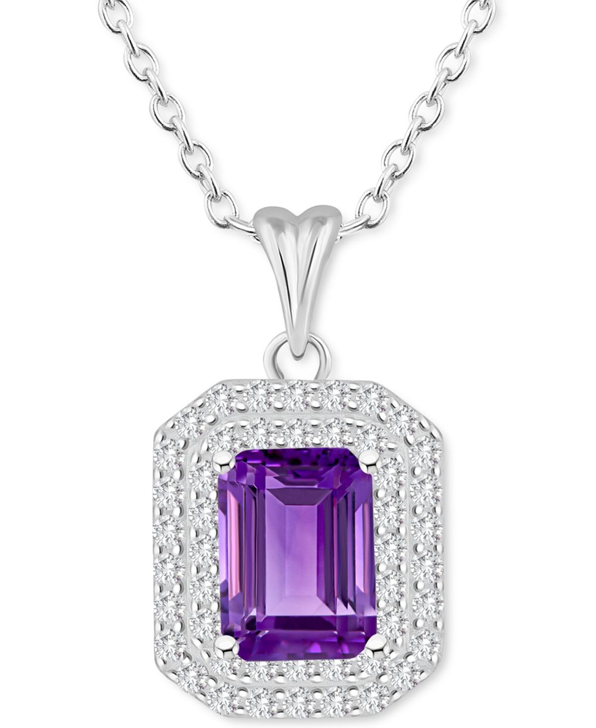 Celebration Gems Sterling Silver Emerald-Cut Amethyst & White Topaz Double Halo Pendant Necklace, Womens Product Image