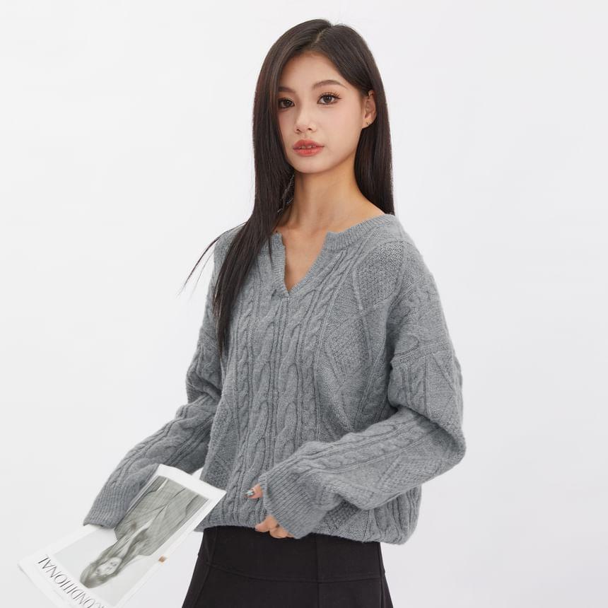 Notch Neck Plain Cable Knit Sweater Product Image