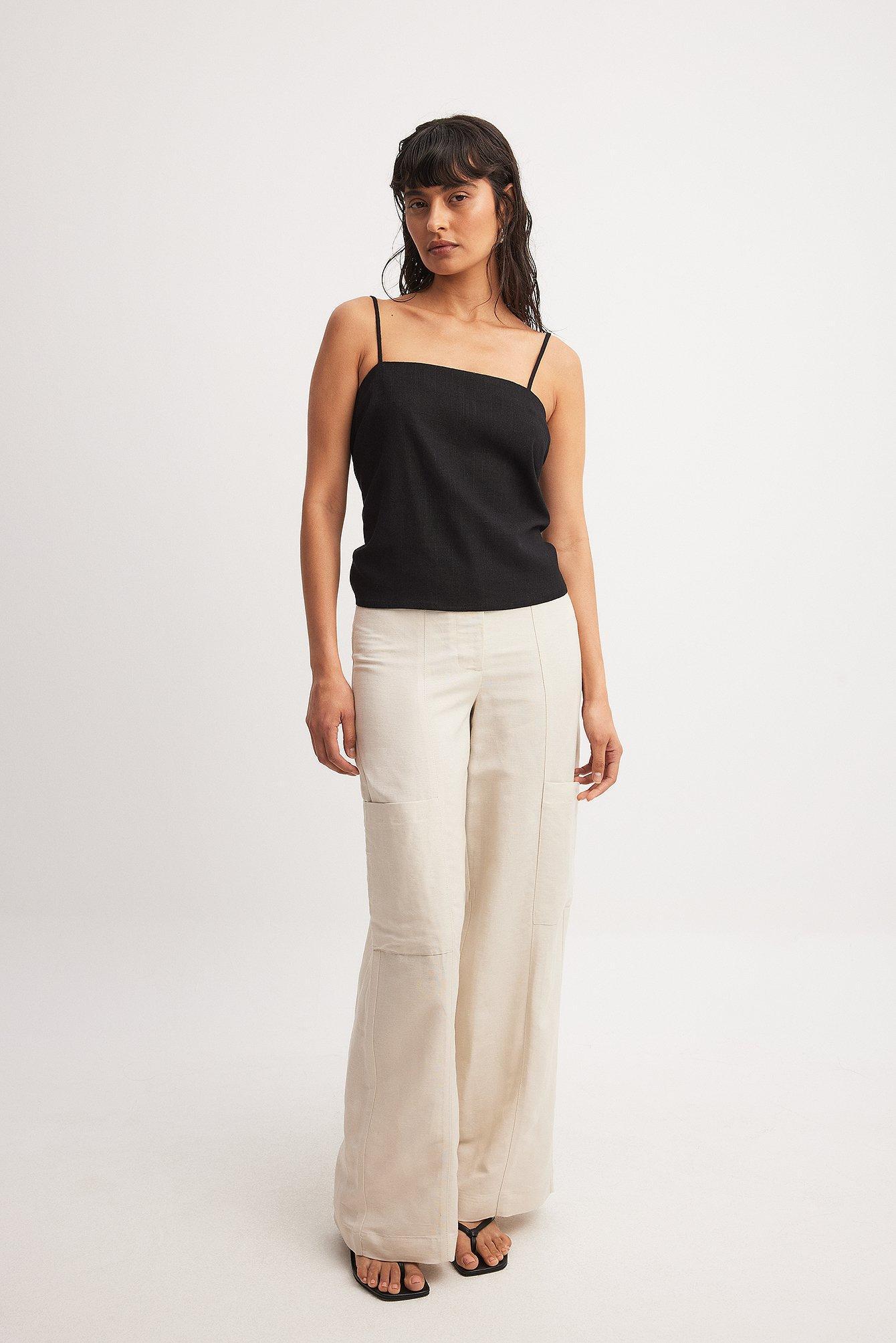 Linen Blend Straight Mid Waist Pants Product Image