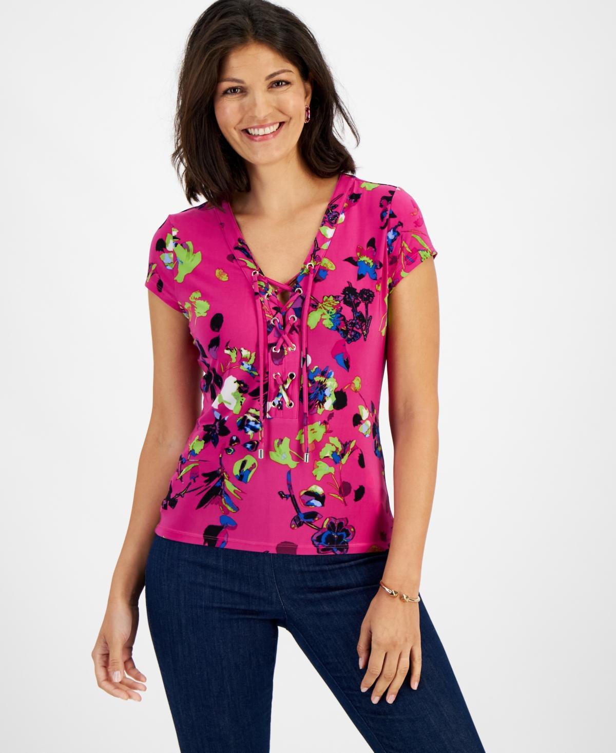 I.n.c. International Concepts Womens Printed Lace-Up Front Top, Created for Macys Product Image