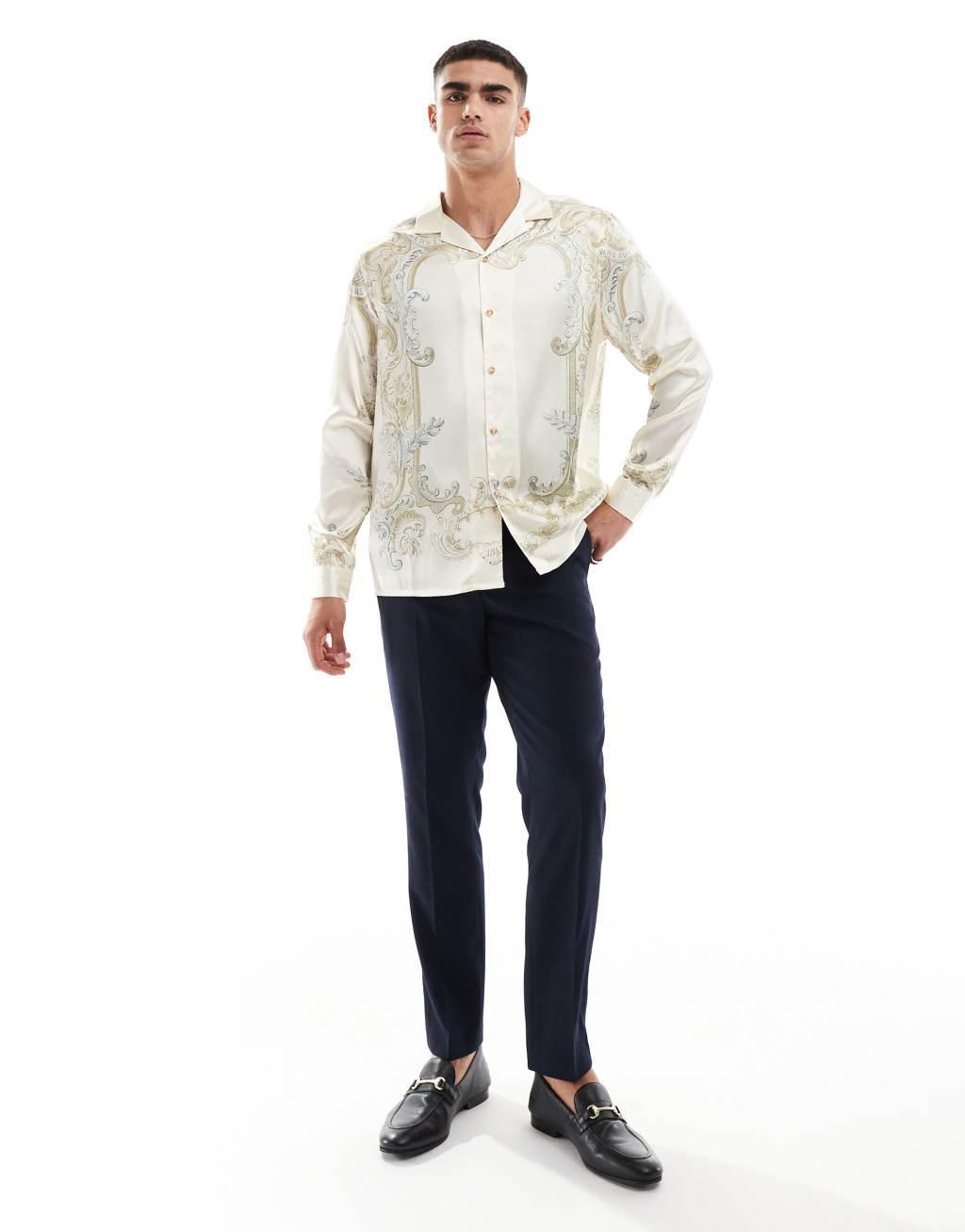 ASOS DESIGN relaxed revere shirt with ornate print in cream  Product Image