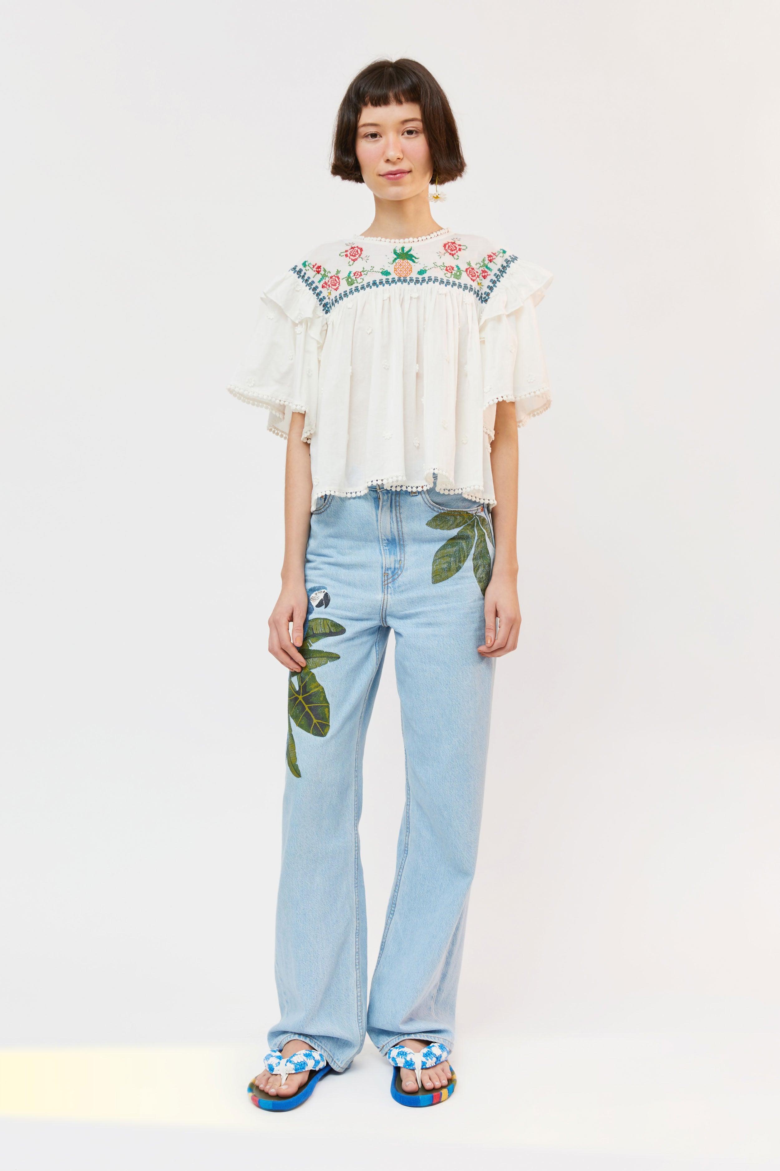 Off-White Cross Stitch Embroidered Blouse Product Image