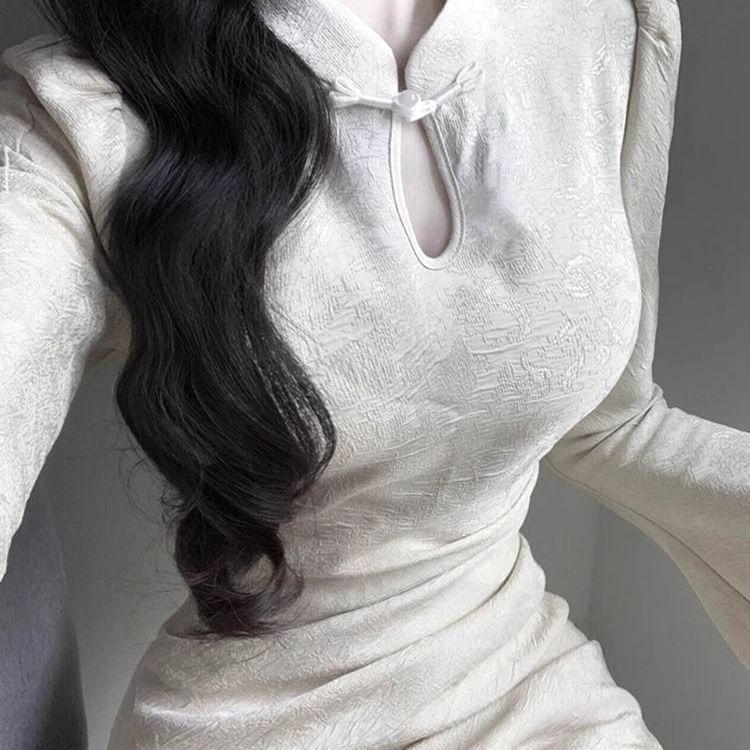 Long Sleeve Mandarin Collar Plain Keyhole Maxi Mermaid Dress Product Image