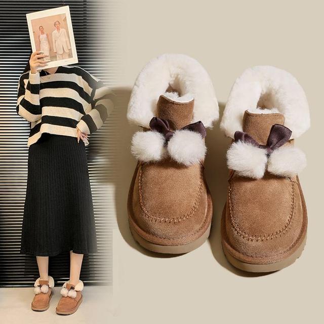 Bow Pom Pom Fleece-Lined Ankle Snow Boots Product Image