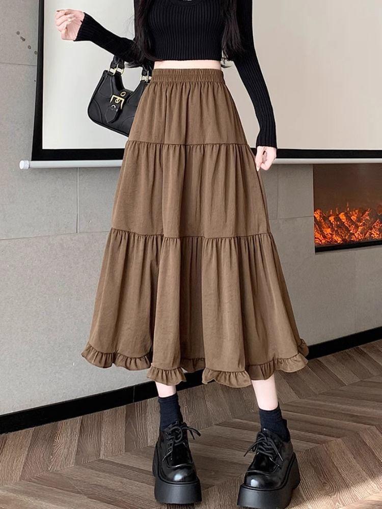 High Waist Plain Ruffle Trim Maxi A-Line Skirt Product Image