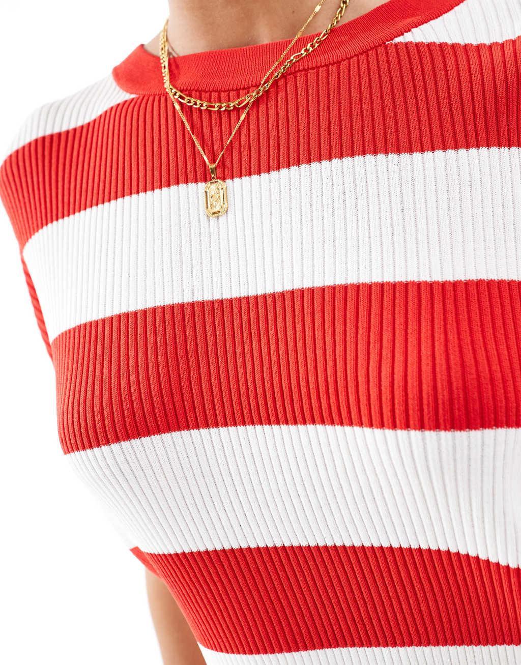 Mango stripe short sleeve knitted top in red and white Product Image