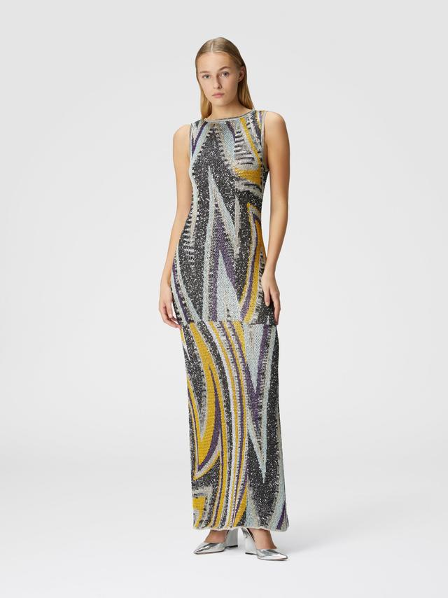 Long sleeveless dress in viscose blend zig zag lamé Product Image