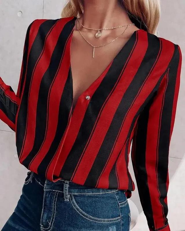 Olivia Mark – Relaxed Deep V Stripe Long Sleeve Blouse Product Image