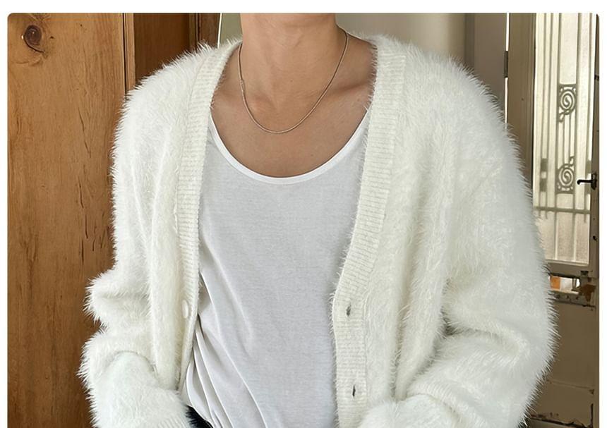 V-Neck Plain Fluffy Button-Up Cardigan Product Image