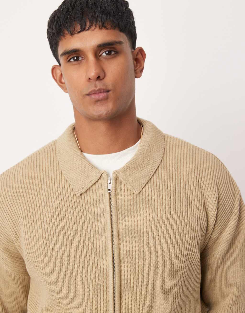 ASOS DESIGN oversized ribbed knitted zip thru cardigan with collar in stone Product Image