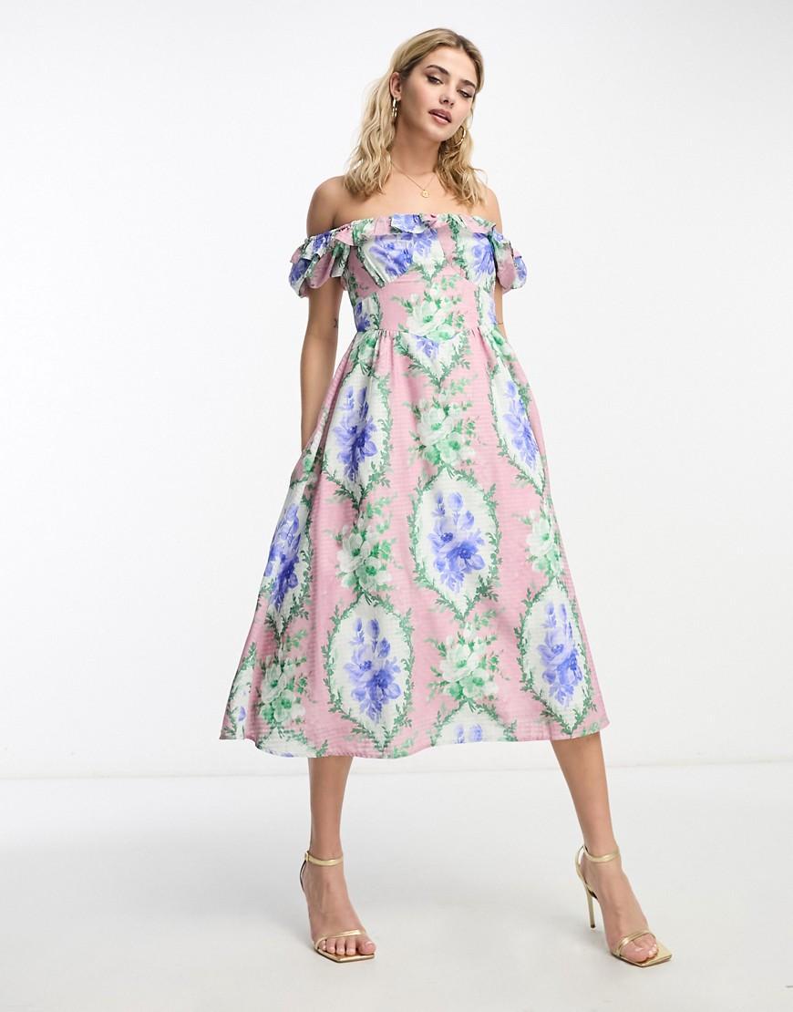 Hope & Ivy off shoulder midi dress in blue floral Product Image