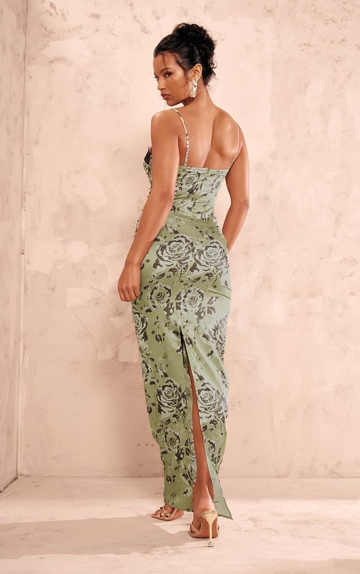 Green Satin Print Lace Trim Maxi Dress Product Image