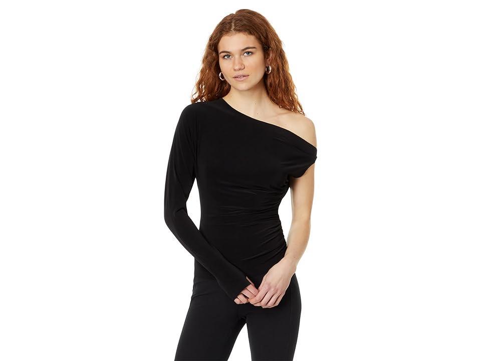 Norma Kamali One Sleeve Drop Shoulder Side Drape Top Black. (also in M, S, XL). Product Image