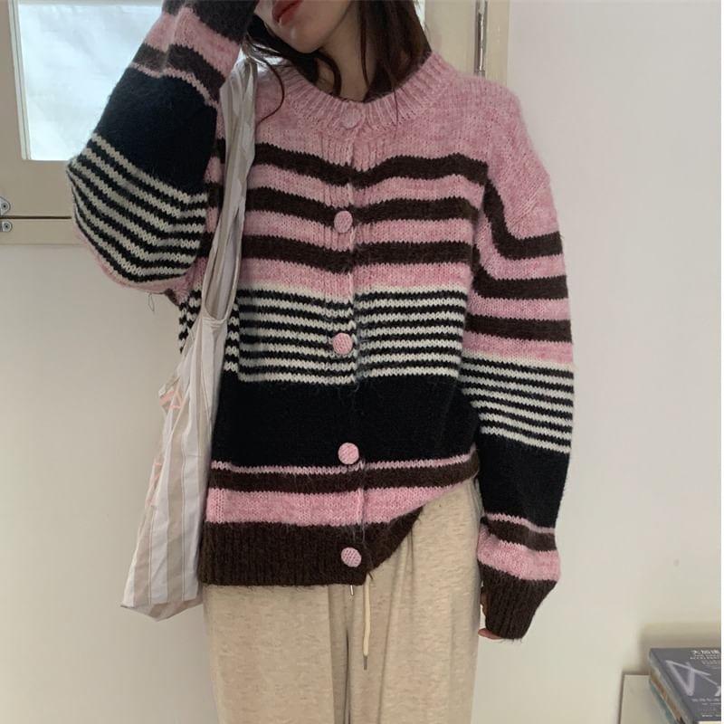 Round Neck Striped Cardigan Product Image