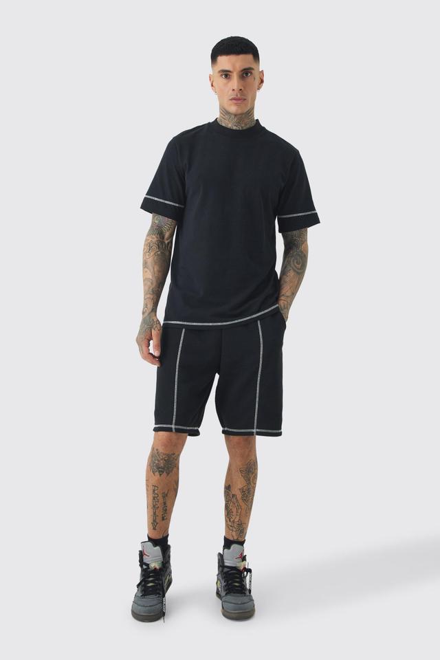 Tall Oversized Extended Contrast Sticth T-shirt & Short Set | boohooMAN USA Product Image