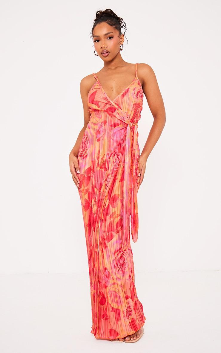 Pink Print Plisse Wrap Tie Maxi Dress Product Image