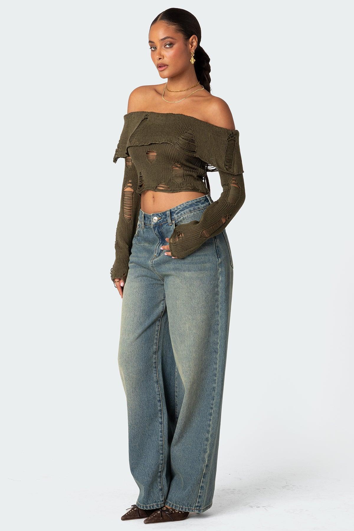 Distressed Fold Over Sweater Product Image