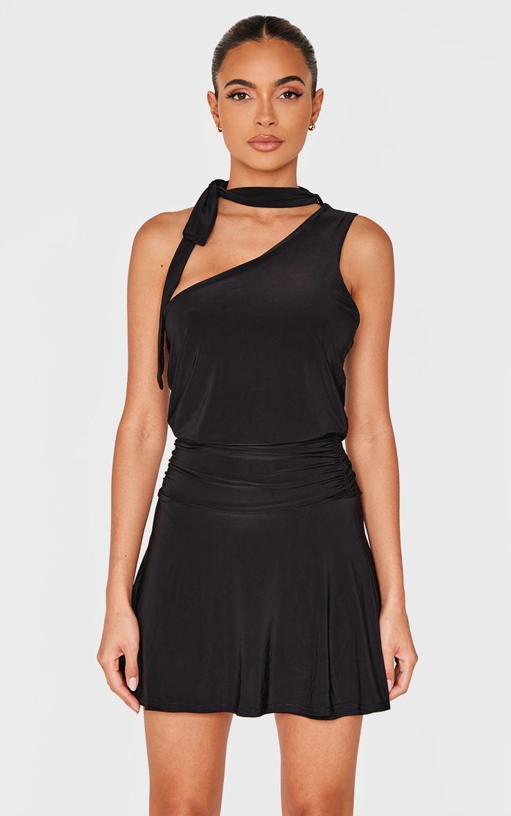 Black Double Slinky Neck Tie Shift Dress Product Image