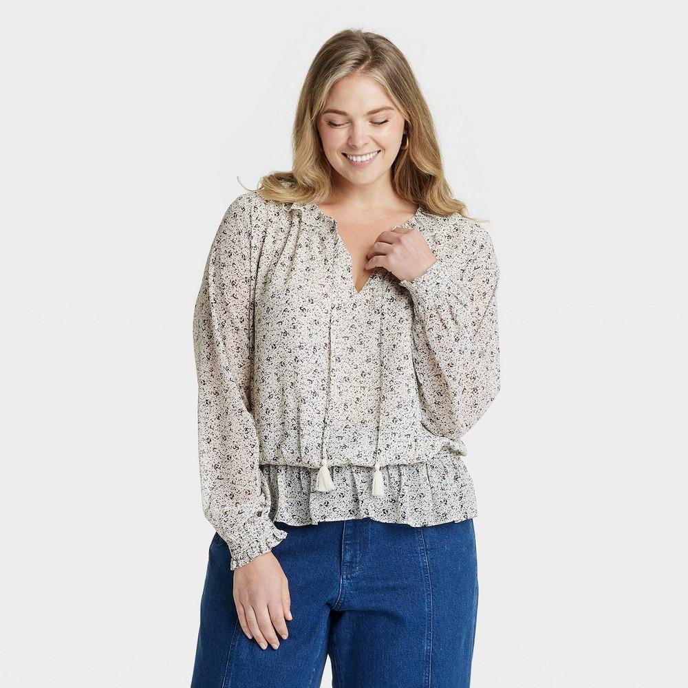 Womens Long Sleeve Blouse - Universal Thread Cream Floral XXL Product Image