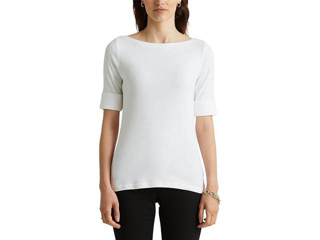 Lauren Ralph Lauren Petite Size Boat Neck Short Sleeve Cotton Blend Knit Top Product Image