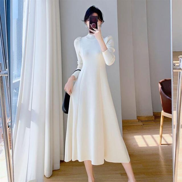 Long-Sleeve Mock Neck Plain Midi A-Line Knit Dress Product Image