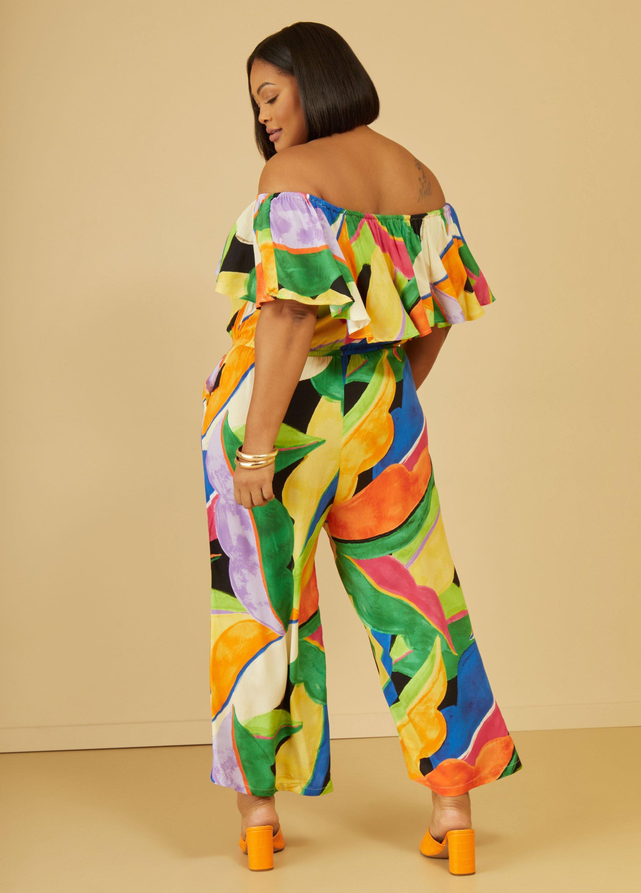 Plus Size Off The Shoulder Tropical Jumpsuit Ashley Stewart Product Image