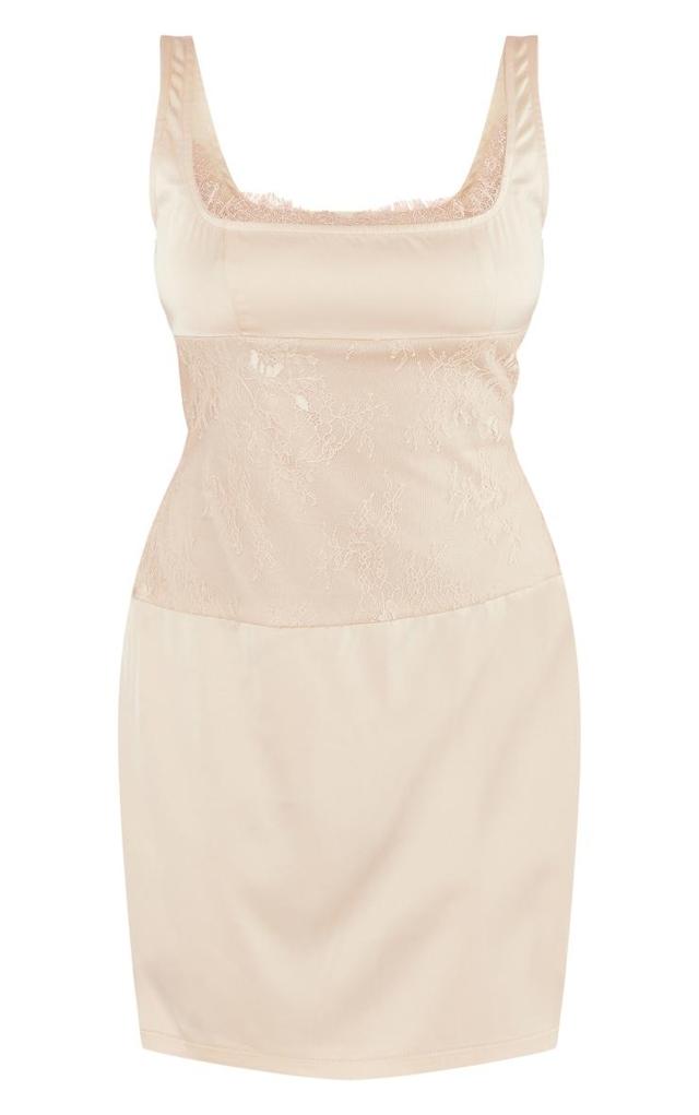 Nude Satin Lace Insert Trim Detail Strappy Bodycon Dress Product Image