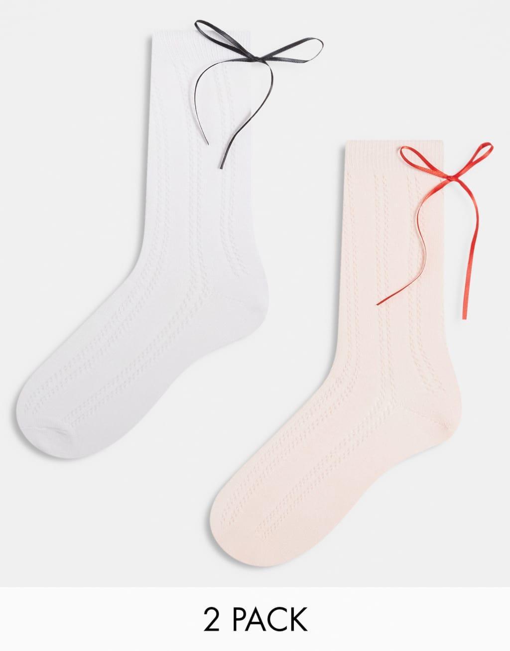 Cotton On crew socks 2 pack in pink with white ribbon detail Product Image