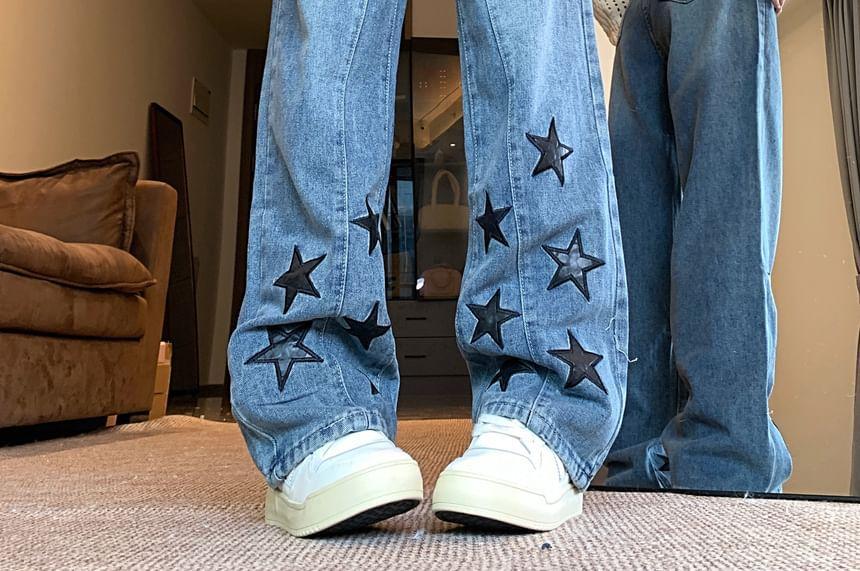 High Rise Star Applique Wide Leg Jeans Product Image