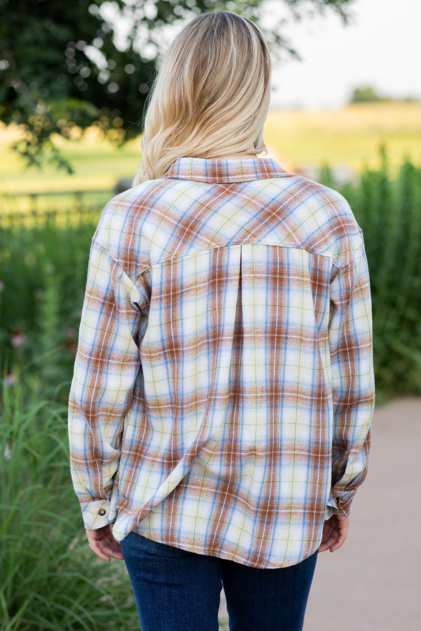 Camel And Blue Plaid Button Up Woven Top product image