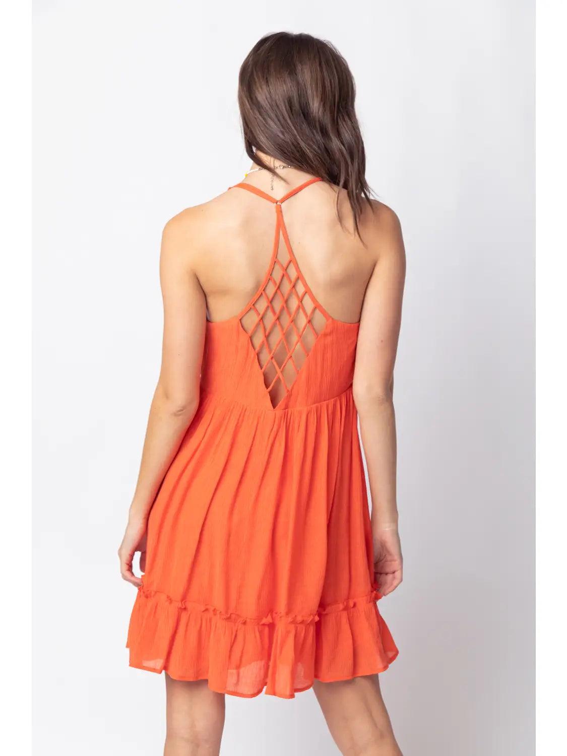 Orange Woven Lattice Open Back Mini Dress Female Product Image