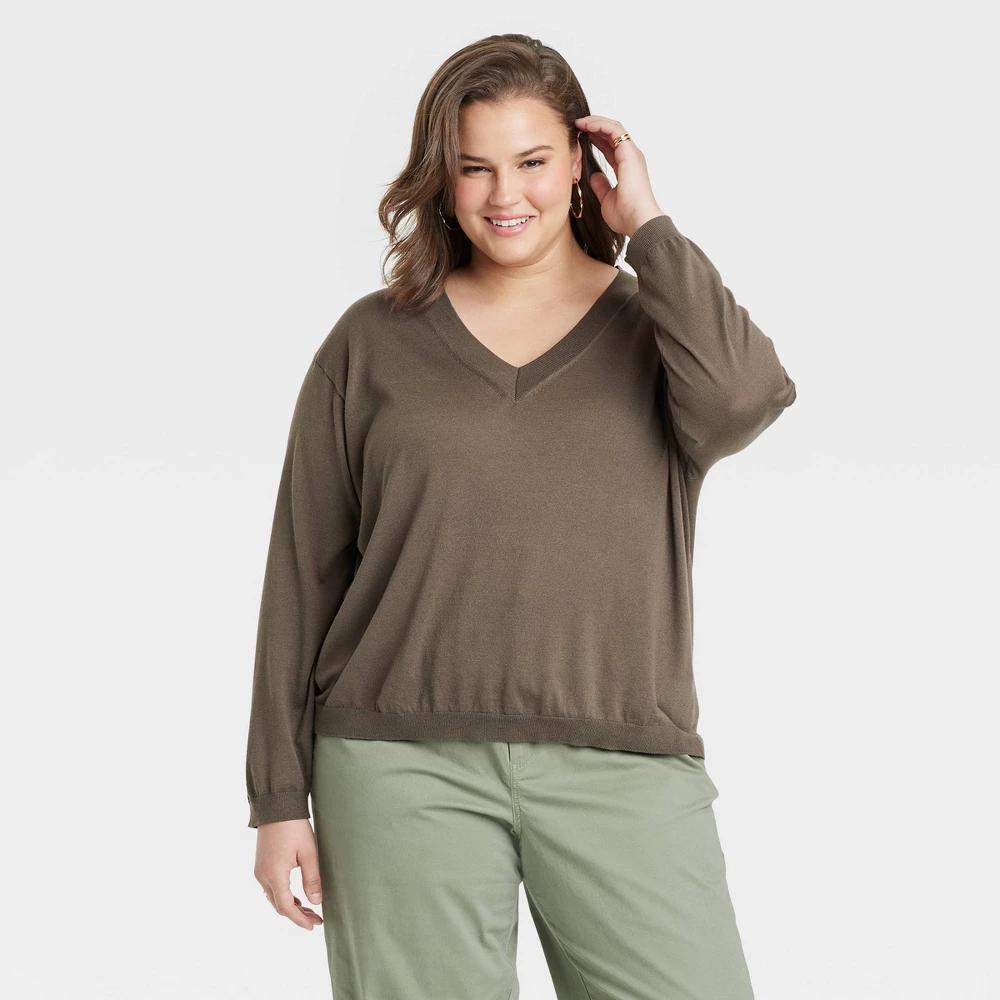 Womens Fine Gauge V-Neck Pullover Sweater - A New Day Olive XXL Product Image