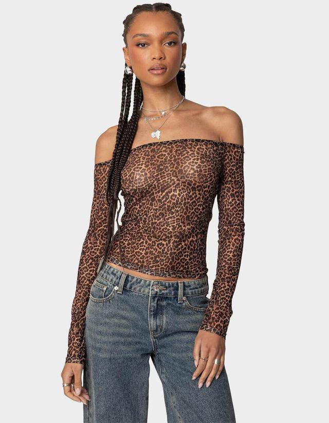 EDIKTED Leopard Sheer Mesh Off Shoulder Top Product Image