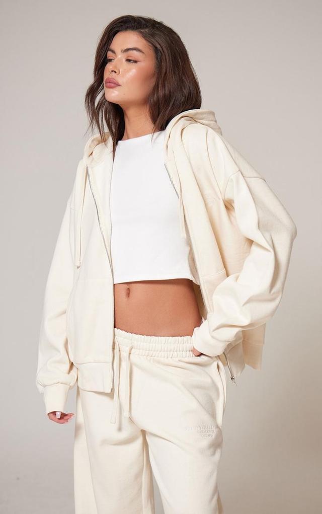 PRETTYLITTLETHING Cream Premium Embroidered Zip Front Oversized Hoodie Product Image