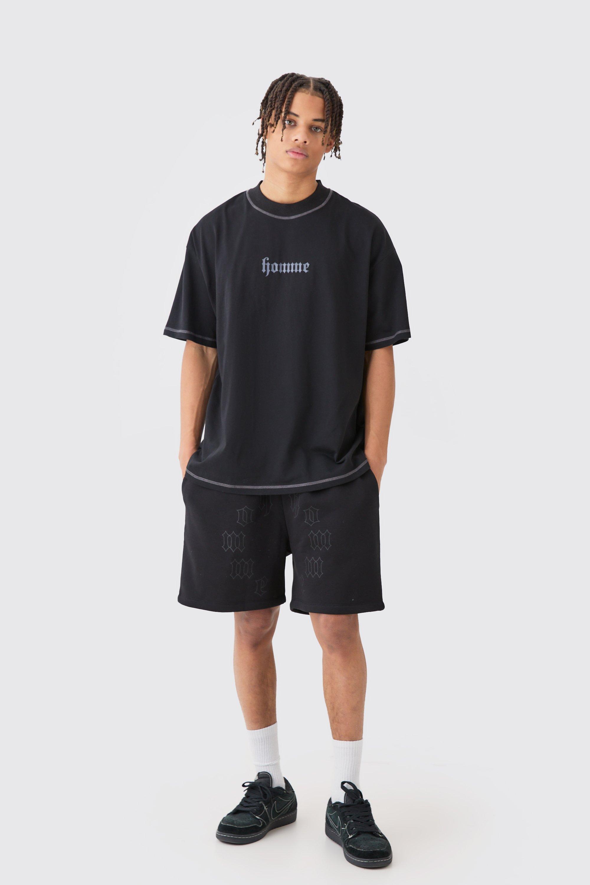 Oversized Graphic Heart Contrast Stitch T-shirt & Short Set | boohooMAN USA Product Image