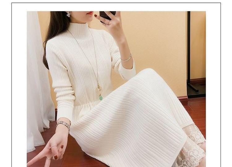 Long-Sleeve Mock Neck Plain Lace Panel Drawstring Waist Midi A-Line Knit Dress Product Image