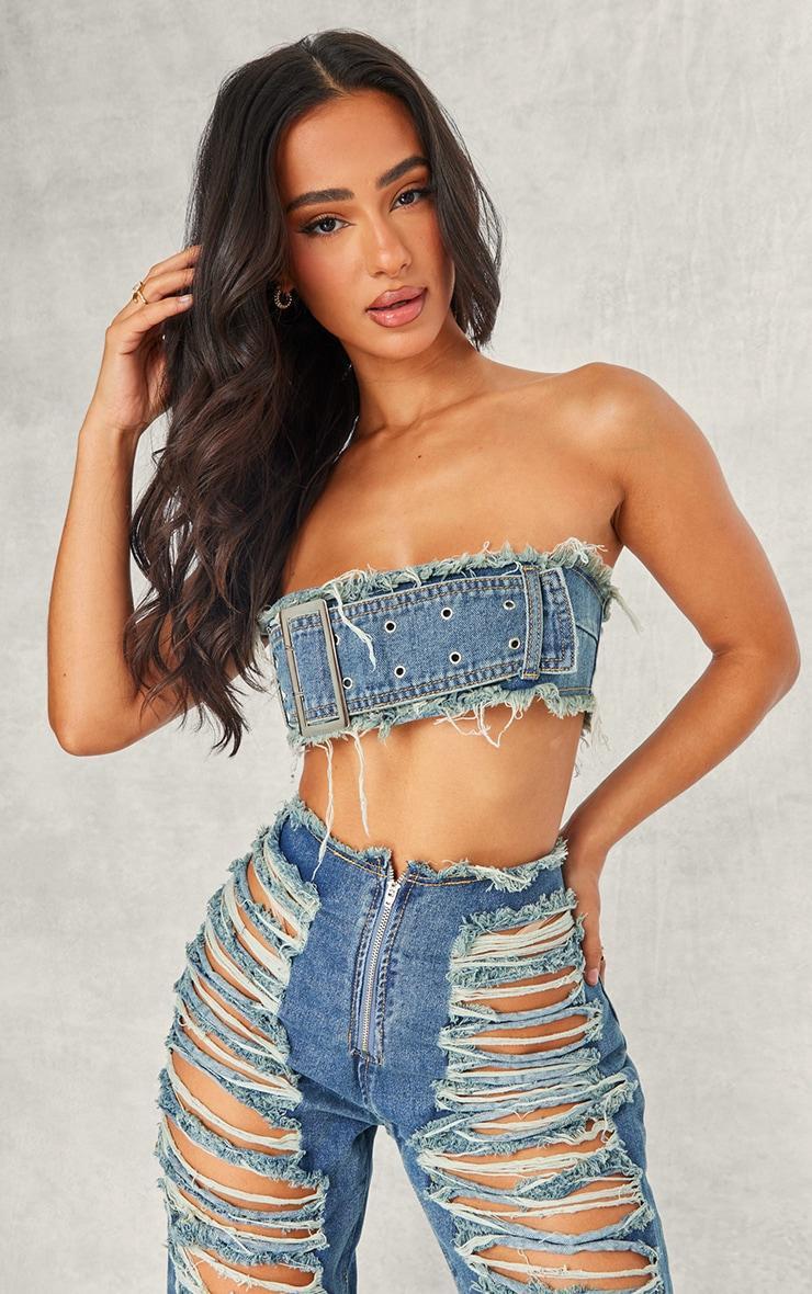 Petite Blue Denim Bandeau Belted Extreme Crop Top product image