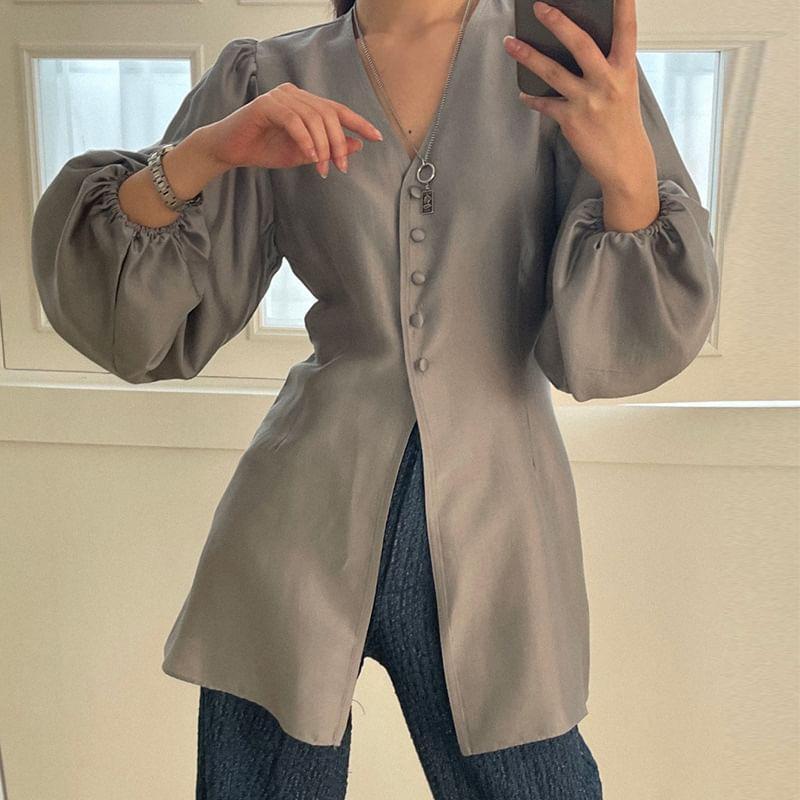 Long-Sleeve V-Neck Plain Button-Up Slit Blouse Product Image