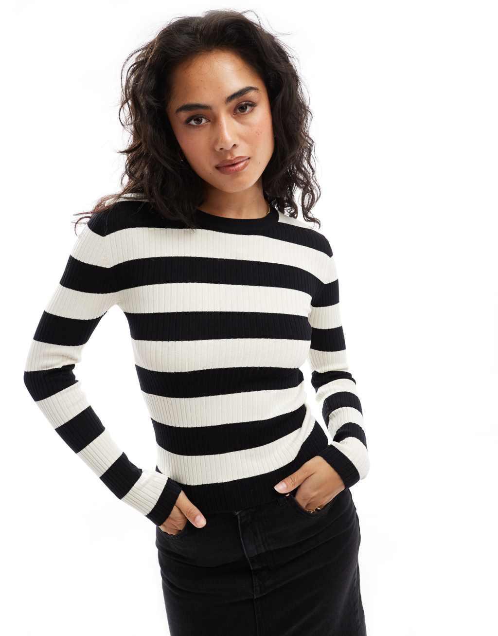 JDY round neck striped sweater in black and white Product Image